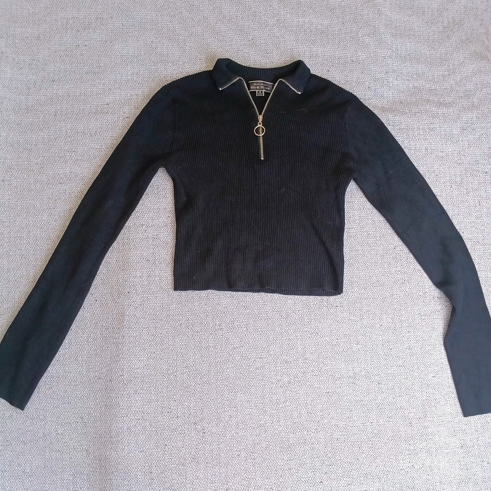 Blue Blush Quarter Zip Ribbed Top Womens S Black Excellent Long Sleeve Collared